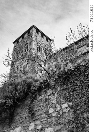 View of chateau de valere, sion, switzerland. Black and white picture. View of chateau de valere, sion, switzerland. Black and white picture. 75911633