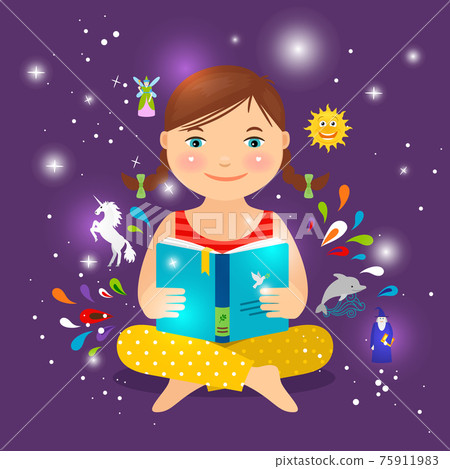 Cute girl reading book about magic 75911983