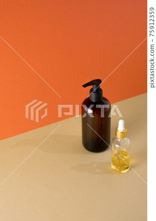Natural beauty products. Mineral organic oil. Eco cosmetic cream, serum, skin care blank bottle. Dropper glass. 75912359