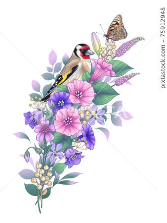 Goldfinch, Butterfly  and Wildflowers Bouquet. 75912948
