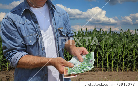 Agricultural concept, farmer, money and corn field Agricultural concept, farmer, money and corn field 75913078