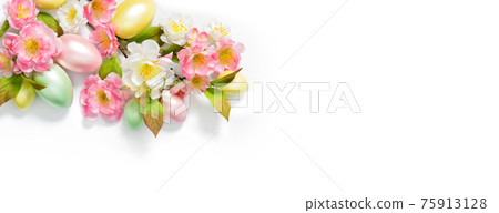 Easter spring banner eggs flowers decoration white background Easter spring banner eggs flowers decoration white background 75913128