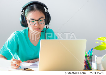 Asian woman student happy in class online learning 75913528