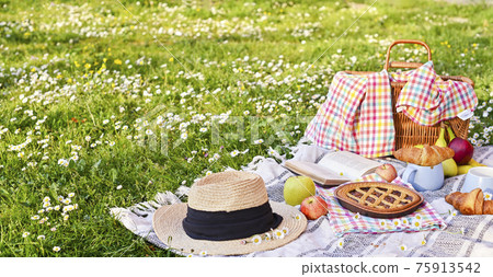 Picnic basket on the green grass in the park. Delicious food for lunch outdoors. Sweet pastries 75913542