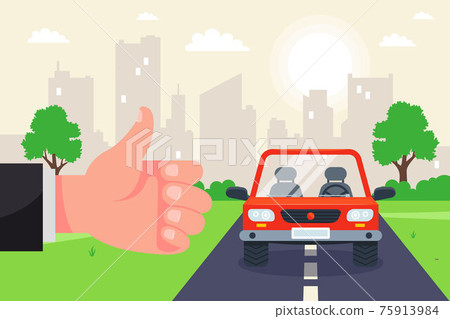 catch a car on the hitchhiking track. travel by car around the country. catch a car on the hitchhiking track. travel by car around the country. 75913984