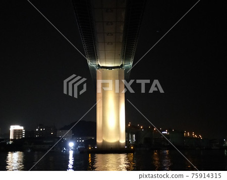Fukuoka city highway bridge pillar and sea 75914315