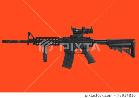 Assault rifle with optic sight and a foregrip on red background 75914816