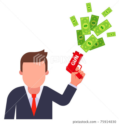 man shoots money from a toy gun. waste of money by man. 75914830
