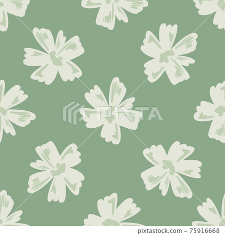 Simple style seamless pattern with light grey abstract flower elements. Light green background. Doodle print. Simple style seamless pattern with light grey abstract flower elements. Light green background. Doodle print. 75916668