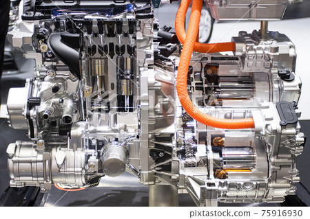 Bangkok Thailand :- March 26, 2021 Car engine NISSAN The new Technology E-power System offers full electric motor drive engine to charge the high-output battery 75916930