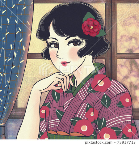 Taisho Roman style beauty painting, landscape with a moga woman 75917712