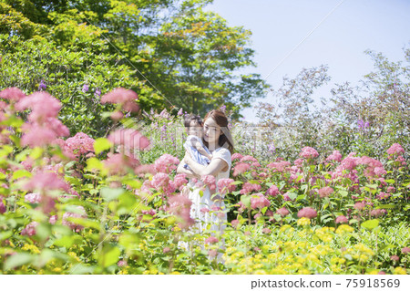 Parents and children taking a walk in the herb garden Parents and children taking a walk in the herb garden 75918569