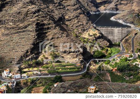 Panoramic view of the mountains and the dam on the island of La Gomera, Canary Islands, Spain Panoramic view of the mountains and the dam on the island of La Gomera, Canary Islands, Spain 75920820