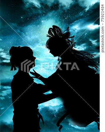 織姬和彥星與夜空閃耀的銀河和流雲重逢的剪影 織姬和彥星與夜空閃耀的銀河和流雲重逢的剪影 75921484