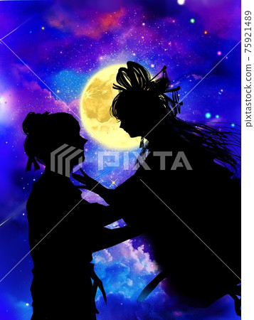 Silhouettes of Orihime and Hikoboshi reuniting with the Milky Way shining in the night sky and the flowing clouds Silhouettes of Orihime and Hikoboshi reuniting with the Milky Way shining in the night sky and the flowing clouds 75921489