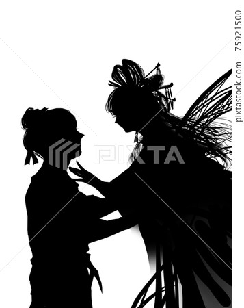 Silhouettes of Orihime and Hikoboshi reuniting with the Milky Way shining in the night sky and the flowing clouds 75921500