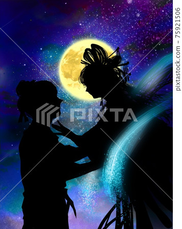 Silhouettes of Orihime and Hikoboshi reuniting with the Milky Way shining in the night sky and the flowing clouds Silhouettes of Orihime and Hikoboshi reuniting with the Milky Way shining in the night sky and the flowing clouds 75921506