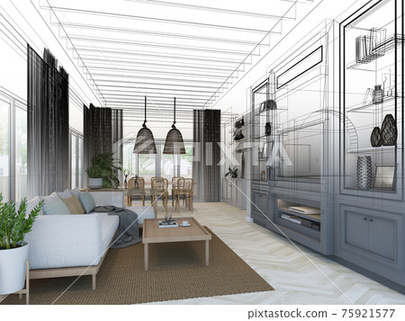 sketch design of interior living room,3d rendering 75921577