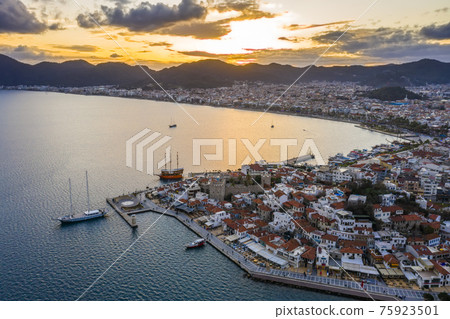 Aerial view of Marmaris at sunset, Turkey. View of the fortress and ships 75923501