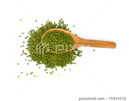 Dry green beans in wood spoon isolated on white background Dry green beans in wood spoon isolated on white background 75924578