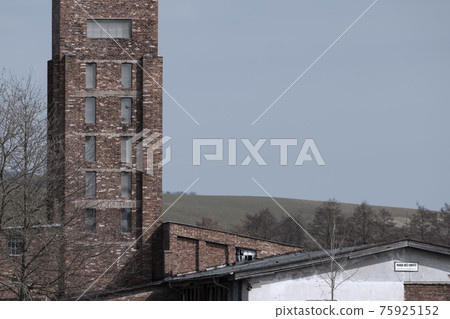 Red Tower of Death, UNESCO site with inscription in Czech language "Ruda vez smrti" a national monument in Dolni Zdar near Ostrov, Western Bohemia, Czech Republic 75925152