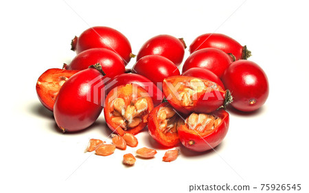 Rosehips Rosa Canina fruits , some cut in half seeds visible, isolated on white background. 75926545