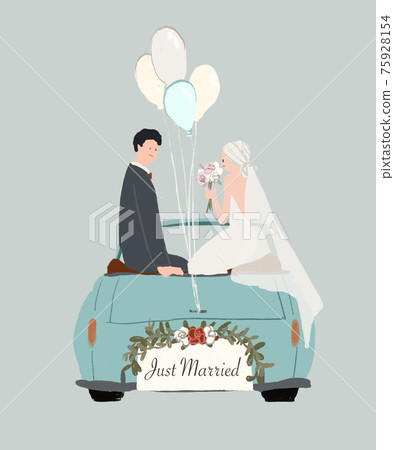 Bridal car, bride and groom in an open car, balloons, wedding, wedding B 75928154