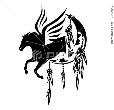 black and white vector design of moon crescent and pegasus horse constellation 75928470