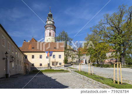 View of the castle from the first courtyard in Czech Krumlov, Southern Bohemia, Czech Republic View of the castle from the first courtyard in Czech Krumlov, Southern Bohemia, Czech Republic 75928784