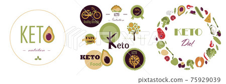 Set of vector keto logos. Pyramid of nutrition on the keto diet. Foods, calculation of water, beverages, fat, protein and carbohydrates for a healthy diet according to the keto diet. Infographics of Set of vector keto logos. Pyramid of nutrition on the keto diet. Foods, calculation of water, beverages, fat, protein and carbohydrates for a healthy diet according to the keto diet. Infographics of 75929039