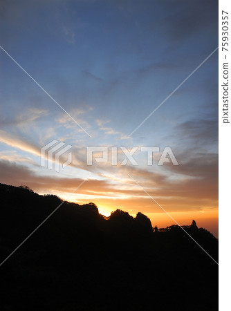 Huangshan Mountain in Anhui Province, China. Sunset over Huangshan with colorful sky and clouds and a silhouette of the mountain. Portrait. Sunset near the summit of Huangshan Mountain, China. Huangshan Mountain in Anhui Province, China. Sunset over Huangshan with colorful sky and clouds and a silhouette of the mountain. Portrait. Sunset near the summit of Huangshan Mountain, China. 75930357