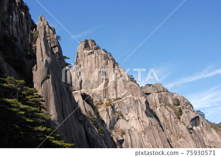 Huangshan Mountain in Anhui Province, China. Rocky cliffs and pine trees below the summit of Lotus Peak, the highest point of Huangshan. Scenic view on Huangshan Mountain, China. 75930571