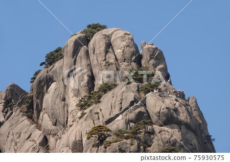 Huangshan Mountain in Anhui Province, China. Close up of the summit of Lotus Peak, the highest point of Huangshan. Scenic view of the cliffs, pine trees and summit path on Huangshan Mountain, China. 75930575