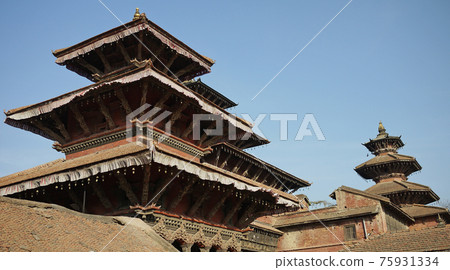 nepal cityscape, travel in ancient building in blue sky in traditional patan 75931334