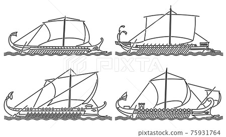 Set of simple vector images of ancient warship drawn in art line style. Set of simple vector images of ancient warship drawn in art line style. 75931764