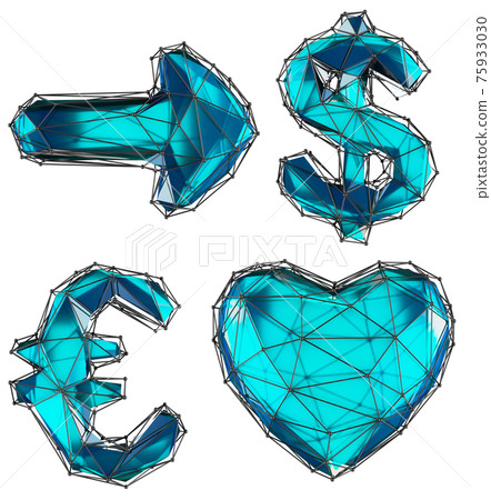 Symbol collection arrow, dollar, euro, heart made of green glass. Collection symbols of low poly style blue color glass isolated on white background Symbol collection arrow, dollar, euro, heart made of green glass. Collection symbols of low poly style blue color glass isolated on white background 75933030