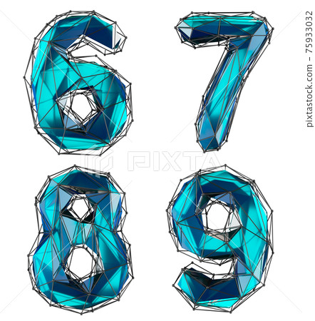 Set of numbers 6, 7, 8, 9 made of blue color glass. 75933032
