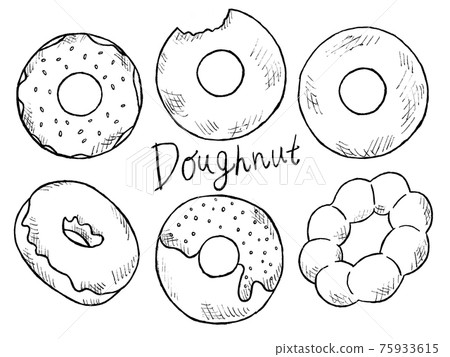 Black and white handwritten illustration image of donuts and baked goods 75933615