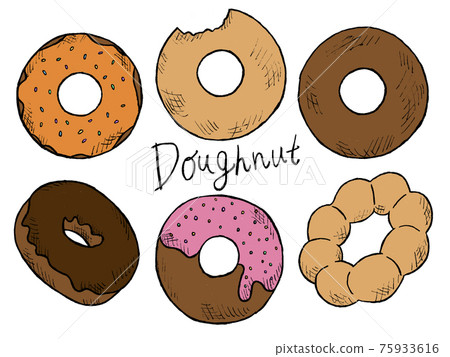 Handwritten illustration image of donuts and baked goods 75933616