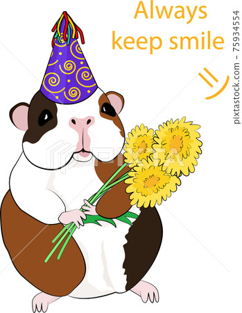 Cartoon  guiniea pig violet in party cap with dandelions isolated on white 75934554