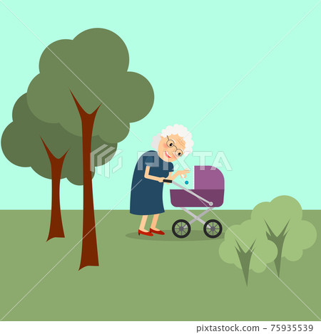 Grandmother with baby stroller Grandmother with baby stroller 75935539