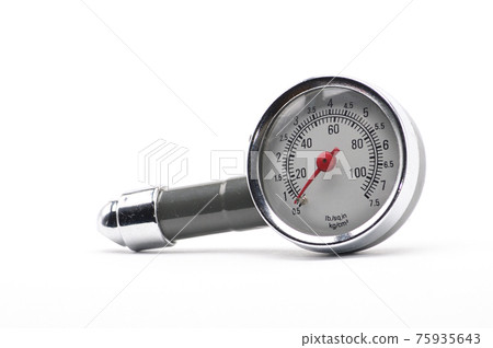 Pressure gauge for measuring air pressure in car tires on a white background 75935643
