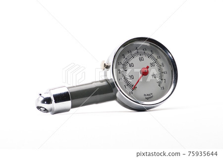 Pressure gauge for measuring air pressure in car tires on a white background 75935644