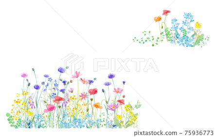 A watercolor illustration of a spring field where various flowers are in full bloom. Trace vector. Layout can be changed. 75936773