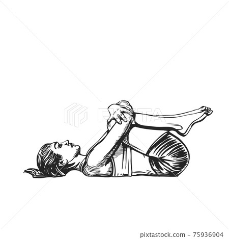 Young woman in yoga pose Pavana-muktasana hand drawn sketch. Yoga vector illustration. Vector Young woman in yoga pose Pavana-muktasana hand drawn sketch. Yoga vector illustration. Vector 75936904