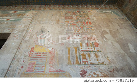 Hieroglyphics with remained color painting over craved stone wall  at Mortuary Temple of Hatshepsut, Valley of the kings Egypt 75937119