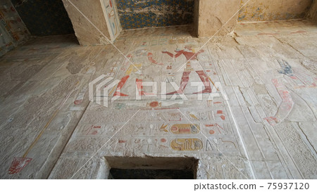 Hieroglyphics with remained color painting over craved stone wall  at Mortuary Temple of Hatshepsut, Valley of the kings Egypt 75937120