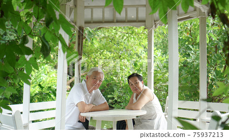 Asian elder senior couple wear mask quarantine eascape in green natural park background happy in nature 75937213
