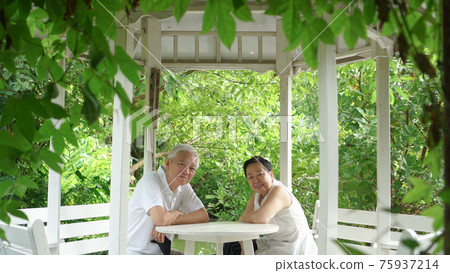 Asian elder senior couple wear mask quarantine eascape in green natural park background happy in nature Asian elder senior couple wear mask quarantine eascape in green natural park background happy in nature 75937214