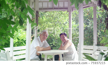 Asian elder senior couple wear mask quarantine eascape in green natural park background happy in nature Asian elder senior couple wear mask quarantine eascape in green natural park background happy in nature 75937215